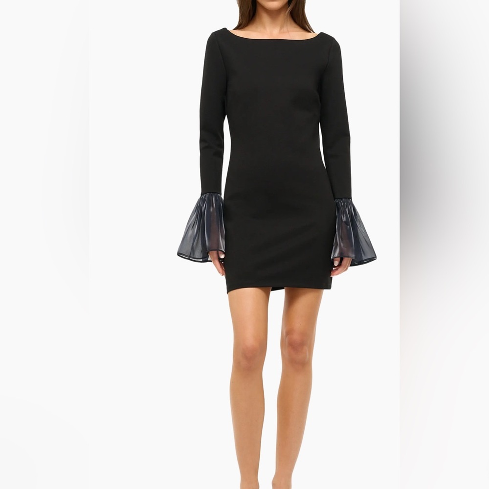 STAUD Black Dress with Sheer Bell Sleeves